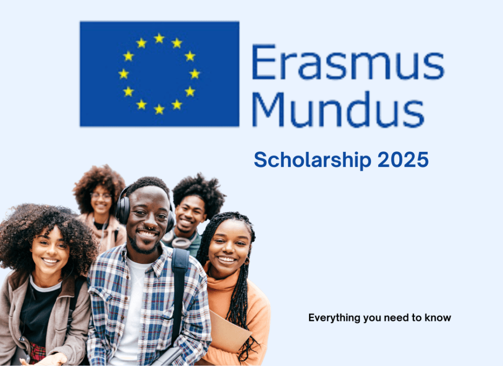 Flyer displaying Erasmus Mudus scholarship 2025, and group of past beneficiaries posed in a group photo by the extreme left of the photo.